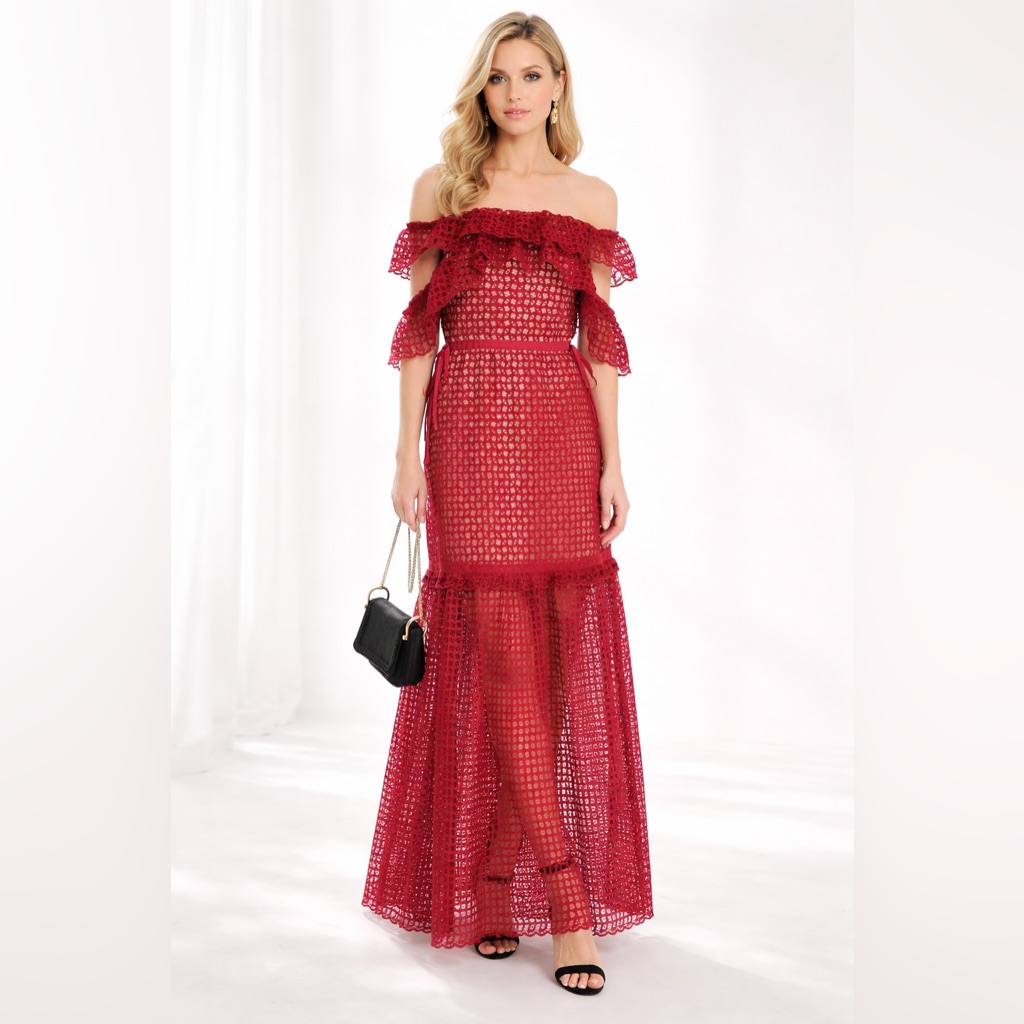 Self Portrait Red Frill Cutwork Lace Maxidress Sz. 6 Nwt